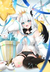 Rule 34 | &gt; &lt;, 1girl, 1other, absurdres, animal ear fluff, animal ear piercing, animal ears, arm up, armpit crease, balloon, blush, breasts, cleavage, cleavage cutout, clothing cutout, collarbone, crown, detached sleeves, fox ears, fox girl, fox tail, gift, gold crown, hair between eyes, highres, hololive, long hair, looking at viewer, medium breasts, mini crown, navel, open mouth, payano i, pentagram, shirakami fubuki, sitting, smile, solo focus, star balloon, stomach, sukonbu (shirakami fubuki), tail, thigh strap, twitter username, virtual youtuber, wariza, wide sleeves
