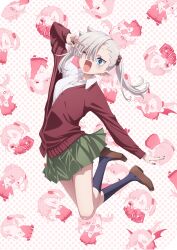 1girl black_nails black_socks blue_eyes brown_shoes cardigan chanto_suenai_kyuuketsuki-chan chibi collared_shirt ear_piercing earrings fang full_body green_skirt hair_ornament hair_over_one_eye hair_scrunchie highres ishikawa_luna jewelry key_visual kneehighs loafers long_hair long_sleeves looking_at_viewer miniskirt official_art one_eye_closed piercing pleated_skirt pointy_ears promotional_art red_cardigan school_uniform scrunchie shirt shoes side_ponytail single_sidelock skin_fang skirt socks solo v white_shirt