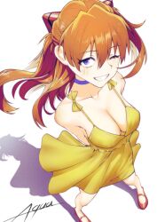 1girl blue_eyes breasts choker cleavage collarbone dress from_above grin hairpods highres illust_aqua looking_at_viewer medium_breasts neon_genesis_evangelion one_eye_closed orange_hair red_shoes shadow shoes signature simple_background smile solo souryuu_asuka_langley two_side_up white_background yellow_dress