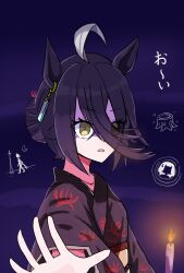 1girl absurdres ahoge animal_ears blue_kimono candle flat_chest floral_print hair_between_eyes hair_bun highres higurashi7956 horse_ears horse_girl japanese_clothes kimono long_bangs long_hair_between_eyes long_sleeves manhattan_cafe_(umamusume) multicolored_hair official_alternate_costume official_alternate_hairstyle outstretched_arm single_hair_bun solo translation_request tree_stump umamusume white_hair