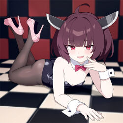 Rule 34 | 1girl, ahoge, ass, breasts, brown hair, detached collar, fang, high heels, leotard, lying, medium hair, naughty face, on stomach, pantyhose, playboy bunny, red eyes, skin fang, small breasts, solo, suuchi maigo (nan), touhoku kiritan, twintails, voiceroid, wrist cuffs