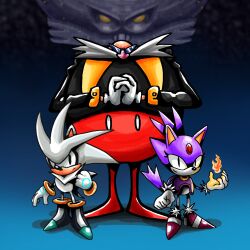Rule 34 | 1girl, 2boys, animal ears, bald, blaze the cat, cat ears, chaotix99x, death egg, eggman nega, facial hair, fire, forehead jewel, gloves, highres, multiple boys, mustache, own hands together, parody, pyrokinesis, silver the hedgehog, sonic (series), sonic rivals, sonic rush, sonic the hedgehog (classic), standing, style parody, white gloves