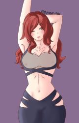 1girl armpits blush breasts en&#039;en_no_shouboutai large_breasts lisa_isaribi long_hair melaniedulce_4 one_eye_closed orange_eyes red_hair smile tagme