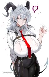Rule 34 | 1girl, absurdres, black choker, black horns, black pants, breasts, chest harness, choker, collared shirt, commentary, cowboy shot, curled horns, demon tail, earrings, grey hair, hair between eyes, hand up, handjob gesture, harness, harutoyumaarts, heart, highres, horns, huge breasts, jewelry, key earrings, long hair, looking at viewer, mole, mole under eye, multicolored hair, necktie, pants, red eyes, red necktie, sexually suggestive, shirt, shirt tucked in, simple background, solo, streaked hair, tail, tight clothes, tight pants, twitter username, white background, white shirt, wuthering waves, zani (wuthering waves)