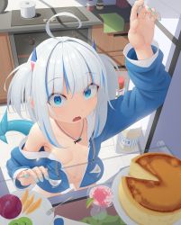 1girl absurdres ahoge animal_hood aqua_nails areola_slip blue_eyes blue_hair bottomless breasts convenient_censoring drawstring fang fins fish_tail food food_request fork fruit gawr_gura hair_ornament highres hololive hololive_english hood hood_down indoors kitchen kiwi_(fruit) kiwi_slice loli multicolored_hair nail_polish no_bra open_clothes open_mouth pot refrigerator refrigerator_interior shark_hair_ornament shark_hood shark_tail silver_hair small_breasts solo standing stomach stove streaked_hair tail tenroy tongue virtual_youtuber