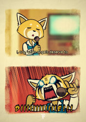 1girl 2koma absurdres aggressive_retsuko animal_nose artist_name blue_vest blurry blurry_background body_fur body_writing border brown_fur clenched_hand closed_eyes collared_shirt comic english_text female_focus flat_chest fox-pop_vli furry furry_female glowing glowing_eyes hand_up hands_up highres holding holding_microphone indoors lyrics microphone multicolored_fur multiple_views music \n/ office_lady open_mouth retsuko screaming sharp_teeth shirt singing system_of_a_down talking teeth upper_body vest watermark white_eyes white_fur white_shirt yellow_fur
