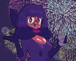1girl aerial_fireworks breasts cleavage cup fireworks gen_5_pokemon gloves highres holding holding_cup large_breasts litwick looking_at_viewer low_neckline nintendo pokemon pokemon_bw purpienamako purple_eyes purple_gloves purple_hair purple_shirt round_eyewear shauntal_(pokemon) shirt