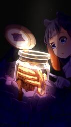 1girl a0s0l absurdres blue_eyes blunt_bangs commentary cookie cookie_jar english_commentary food gloves gradient_hair highres hololive hololive_english jar looking_at_food multicolored_hair ninomae_ina&#039;nis open_mouth orange_hair purple_hair sidelocks solo spotlight takodachi_(ninomae_ina&#039;nis) tentacle_hair virtual_youtuber white_gloves