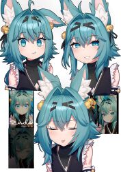 Rule 34 | 1girl, :p, absurdres, ahoge, animal ear fluff, animal ears, artist name, bare shoulders, bell, black hairband, black kimono, black ribbon, black sleeves, blue eyes, blue hair, blush, cleavage cutout, closed eyes, closed mouth, clothing cutout, collarbone, covered collarbone, detached sleeves, flat chest, fox ears, grin, hair bell, hair between eyes, hair intakes, hair ornament, hair ribbon, hairband, highres, japanese clothes, jingle bell, kimono, long hair, looking at viewer, medium hair, meme, miyabi vrc, multiple expressions, multiple views, parted lips, reference inset, ribbon, rindo (vrchat), shirt, sidelocks, simple background, sleeveless, sleeveless kimono, sleeveless shirt, smile, teeth, tongue, tongue out, upper body, variations, vrchat, white background