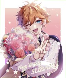 1boy absurdres akehoshi_subaru blue_eyes border bouquet character_name ear_piercing ensemble_stars! flower hair_between_eyes happy_birthday highres holding holding_bouquet kirahoshi_enst long_sleeves looking_at_viewer male_focus one_eye_closed open_mouth orange_hair piercing shirt short_hair smile solo star_(symbol) teeth upper_body upper_teeth_only v white_border white_shirt