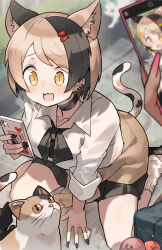 1girl absurdres animal animal_ears black_choker black_hair black_nails black_neckerchief black_skirt brown_hair brown_jacket calico_cat calico_cat-chan_(katsu) cat cat_ears cat_tail cellphone choker clothes_around_waist collared_shirt ear_piercing highres holding holding_phone jacket jacket_around_waist katsu_(katsupainter) multicolored_hair nail_polish neckerchief original phone piercing school_uniform shirt short_hair skirt smartphone tail two-tone_hair white_shirt yellow_eyes