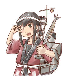 Rule 34 | 1girl, black hair, cannon, cowboy shot, female focus, fish, fubuki (festival) (kancolle), fubuki (kancolle), fubuki kai ni (kancolle), green eyes, hachimaki, happi, headband, heart lock (kantai collection), japanese clothes, kantai collection, karasu (naoshow357), low ponytail, machinery, nejiri hachimaki, ponytail, rigging, short ponytail, sidelocks, solo, v, v over eye