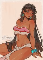 1girl black_hair border bracelet breasts brown_background brown_border brown_eyes chel_(el_dorado) collarbone commentary dark-skinned_female dark_skin earrings english_commentary eyelashes groin highres jewelry kalisami1 large_breasts long_hair navel outside_border red_lips ring sitting solo strapless the_road_to_el_dorado tube_top very_long_hair white_loincloth