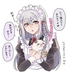 1boy =_= apron blush braid cropped_torso crossdressing grey_hair hair_between_eyes hair_ornament hairclip highres holding ichinose_kazuma juliet_sleeves kinococcos long_hair long_sleeves maid maid_apron maid_headdress male_focus male_maid puffy_long_sleeves puffy_sleeves red_eyes red_ribbon ribbon simple_background single_braid small_sweatdrop sparkle speech_bubble translation_request trap tribe_nine variant_set white_apron white_background zero_(plush)_(tribe_nine) zero_(tribe_nine)