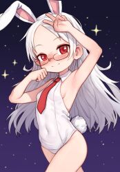 Rule 34 | 1girl, animal ears, arm up, armpits, blush, breasts, clenched hand, covered navel, forehead, glasses, hand on own head, highres, long hair, necktie, night, night sky, old school swimsuit, one-piece swimsuit, original, outdoors, playboy bunny swimsuit, rabbit ears, rabbit girl, rabbit tail, red eyes, red necktie, school swimsuit, sky, small breasts, smile, solo, star (sky), swimsuit, syrupmelty, tail, thighs, v, white hair, white one-piece swimsuit