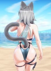 1girl animal_ear_fluff animal_ears aqua_hair ass back beach cat_ears cat_fantasy cat_girl cat_tail fon_(cat_fantasy) gradient_hair grey_hair long_hair multicolored_hair ponytail simple_background swimsuit tail takie_arts thighs