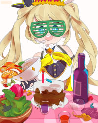 1girl blonde_hair blue_eyes bottle bowl breasts cake cup food headset highres looking_at_viewer medium_breasts nijisanji nijisanji_id onionsketch open_mouth salad shutter_shades smile solo spill twintails virtual_youtuber wine_bottle zea_cornelia