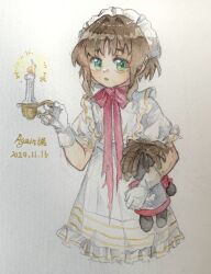 1girl :o absurdres again_nuo artist_name bow bowtie brown_hair candle candlelight carrying carrying_under_arm chin_strap cowboy_shot dated doll dress eagle_(reverse:1999) fire frilled_hairband frills gloves green_eyes hairband highres holding holding_candle holding_doll looking_at_viewer official_alternate_costume painting_(medium) puffy_short_sleeves puffy_sleeves red_bow red_bowtie reverse:1999 short_sleeves signature solo traditional_media watercolor_(medium) white_dress white_gloves white_hairband