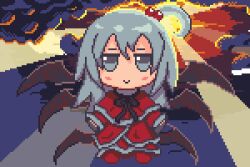 1girl blush bow capelet dress fumo_(doll) grey_eyes grey_hair hair_bobbles hair_ornament irynefer long_hair makai_(touhou) mystic_square one_side_up pixel_art red_dress ribbon shinki_(touhou) smile solo stuffed_toy touhou touhou_(pc-98) wings