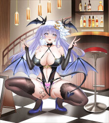 1girl absurdres alternate_costume artist_request bar_(place) bare_shoulders bat_wings black_thighhighs blue_footwear blue_hair body_writing breasts bridal_gauntlets chinese_commentary cleavage collarbone crescent crescent_hair_ornament date_a_live demon_tail earrings flower hair_flower hair_ornament high_heels highres indoors izayoi_miku jewelry large_breasts long_hair looking_at_viewer open_mouth purple_eyes solo squatting tail thighhighs v wings