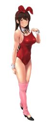 1girl = akagi_(kancolle) animal_ears bare_legs black_shoes blush breasts brown_hair clothes_pull competition_school_swimsuit detached_collar fake_animal_ears female_focus full_body highres kantai_collection large_breasts leg_warmers leotard leotard_pull long_hair looking_at_viewer one-piece_swimsuit one-piece_swimsuit_pull pink_legwear playboy_bunny playboy_bunny_swimsuit rabbit_ears red_leotard red_one-piece_swimsuit school_swimsuit shoes simple_background smile solo swimsuit wa_(genryusui) white_background wrist_cuffs