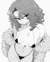 1girl absurdres bikini black_bikini black_eyes breasts coat collarbone cowboy_shot fluffy_hair from_above fur_coat greyscale hatching_(texture) head_tilt highres looking_at_viewer medium_breasts medium_hair micro_bikini miregeist monochrome off-shoulder_coat off_shoulder original parted_bangs standing sweat swimsuit tongue tongue_out white_background