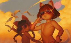 2girls alkemanubis animal_ears braid brown_hair candy cat_ears cat_girl cloud fake_animal_ears flat_chest food highres loli lollipop lollipop_in_mouth long_hair looking_at_viewer multiple_girls original short_hair sky sunglasses topless_female twin_braids upper_body
