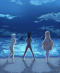 10s 3girls ass au_naturel barefoot beach cloud fin_e_ld_si_laffinty from_behind ka-9 kyouno_madoka moonlight muginami multiple_girls night night_sky nude nudist ocean rinne_no_lagrange sky star_(sky) starry_sky