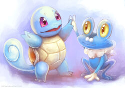 artist_name check_commentary closed_mouth colored_sclera commentary_request deviantart_username eldrige froakie game_freak gen_1_pokemon gen_6_pokemon high_five nintendo no_humans pokemon pokemon_(creature) purple_eyes shell signature sitting smile squirtle standing tail yellow_eyes yellow_sclera