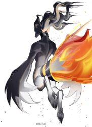 blue_eyes claws dragon feathered_wings fire flying from_behind gen_5_pokemon highres legendary_pokemon nintendo no_humans pokemon pokemon_(creature) pokemon_focus reshiram simple_background solo tianlang_fenghuo twitter_username white_background white_fur white_wings wings