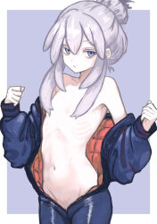 1girl blue_bodysuit blue_eyes bodysuit border closed_mouth commentary_request cowboy_shot deux_murasame flat_chest freckles grey_hair gundam gundam_gquuuuuux hair_censor long_hair looking_at_viewer navel nito_(nshtntr) purple_background solo stomach white_border