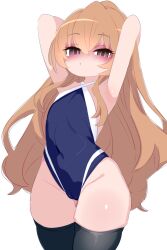 1girl aisaka_taiga arms_behind_head black_thighhighs blue_one-piece_swimsuit brown_eyes brown_hair commentary covered_navel criss-cross_halter flat_chest halterneck highleg highleg_one-piece_swimsuit highres kukuchi581 long_hair one-piece_swimsuit simple_background solo standing swimsuit thighhighs toradora! white_background