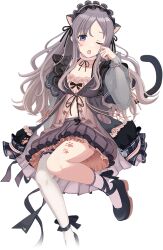 1girl animal_ears asymmetrical_legwear breasts cat_ears cat_tail choker cleavage frills grey_hair headdress idolmaster idolmaster_shiny_colors idolmaster_shiny_colors_song_for_prism multicolored_hair official_art one_eye_closed open_mouth paw_print purple_eyes see-through_clothes see-through_sleeves skirt solo tail transparent_background yukoku_kiriko
