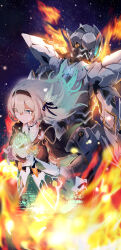 1girl absurdres armor black_hairband black_jacket firefly_(honkai:_star_rail) glowing_headgear green_light grey_hair hair_between_eyes hairband helmet highres honkai:_star_rail honkai_(series) jacket long_hair long_sleeves menomeno_draw neckerchief orange_neckerchief power_armor sam_(honkai:_star_rail) transforming_clothes white_armor