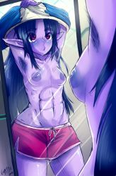 1girl 2016 abs ahoge armpit_hair armpits artist_name blue_hair blush borrowed_character breasts colored_nipples colored_skin elf groin inverted_nipples kyattsu mirror non-web_source original pointy_ears puffy_areolae purple_skin red_eyes red_shorts shorts small_breasts sweat tari_numenesse undressing