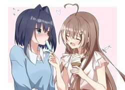 Rule 34 | 2girls, :d, ahoge, alternate costume, belt, blue eyes, blue hair, blue sweater, blush, brown hair, closed eyes, daikon keroi, dress, fingernails, flying sweatdrops, food, food in mouth, frilled dress, frills, hair intakes, hair ornament, hairclip, heart, heart ahoge, highres, holding, holding food, holding popsicle, hololive, hololive english, ice cream, long hair, multicolored hair, multiple girls, nanashi mumei, open mouth, ouro kronii, pink background, pink dress, popsicle, popsicle in mouth, shirt, shirt under sweater, simple background, smile, soft serve, streaked hair, sweat, sweater, very long hair, virtual youtuber, white shirt, yuri