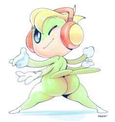 1boy 2019 ass blonde_hair blue_eyes bug colored_skin extra_arms full_body grasshopper green_skin headphones highres huge_ass insect legs_apart looking_back one_eye_closed outstretched_arms signature smile solo spread_legs sqoon tail tempo tempo_(character) white_background wink