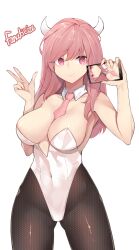 1girl breasts cellphone chukibabo2 commission fanati highres horns leotard necktie original pantyhose phone pink_hair playboy_bunny red_eyes selfie smartphone smile thighhighs white_horns