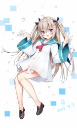 1girl 2023 :d ahoge ascot atri atri-my_dear_moments- black_bow blue_sailor_collar blush bow brown_shoes chinese_commentary commentary_request dated dress eyelashes floating_hair full_body hair_between_eyes hair_bow happy knees_together_feet_apart light_brown_hair loafers long_hair long_sleeves looking_at_viewer midair no_socks open_hands open_mouth red_ascot red_eyes sailor_collar sailor_dress shoes short_dress signature simple_background smile solo two_side_up very_long_hair w_arms water_drop white_background white_dress wide_sleeves zhao_(pixiv12947327)