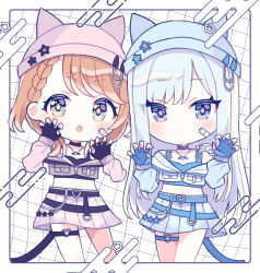 2girls bandaid bandaid_on_face belt blue_eyes blue_hair braid chain choker cropped_jacket fingerless_gloves gao garter_straps gloves grey_eyes hanasato_minori hat hat_ornament heart_belt_buckle highres jewelry light_blue_hair light_brown_hair long_hair long_sleeves medium_hair multiple_girls necklace off_shoulder official_alternate_hairstyle parted_bangs pleated_skirt project_sekai single_garter_strap skirt star_(symbol) star_hat_ornament star_in_eye symbol_in_eye tank_top thigh_strap user_grmr2574 y2k_fashion yoisaki_kanade
