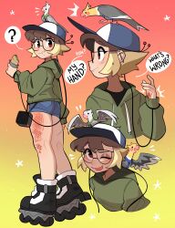 1girl ? absurdres baseball_cap bird black-framed_eyewear blonde_hair blood blood_on_clothes blue_shorts brown_hair cherri_saurio closed_mouth ear_piercing eating english_text food glasses green_hoodie hat highres holding holding_food holding_sandwich hood hoodie long_sleeves multicolored_hair one_eye_closed original parted_lips piercing roller_skates sandwich scrape short_hair shorts skates solo speech_bubble spoken_question_mark tongue tongue_out