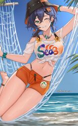1girl absurdres barefoot beach belle_(zenless_zone_zero) bikini blue_hair breasts closed_mouth green_eyes hair_ornament highleg highleg_bikini highres letter_hair_ornament looking_at_viewer medium_breasts muramasa_dash official_alternate_costume orange_bikini orange_shorts sand see-through_clothes see-through_shirt shirt short_hair shorts smile solo swimsuit tied_shirt water zenless_zone_zero