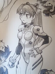 absurdres bodysuit breasts expressionless extremaratio69 greyscale hand_on_own_hip highres interface_headset_(evangelion) long_hair mecha_pilot_suit monochrome neon_genesis_evangelion plugsuit_(evangelion) solo_focus souryuu_asuka_langley traditional_media