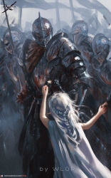 1girl 4others armor artist_name blood blood_splatter braid child cloak flower from_behind full_armor ghostblade highres long_hair looking_at_another manly multiple_others patreon_username pointy_ears watermark web_address white_hair wlop