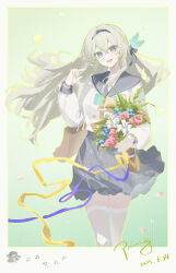 1girl absurdres artist_name black_bow black_hairband black_sailor_collar border bouquet bow breasts dated firefly_(honkai:_star_rail) firefly_(spring_missive)_(honkai:_star_rail) flower green_background grey_border grey_hair grey_skirt hair_between_eyes hair_bow hairband hand_up highres holding holding_bouquet honkai:_star_rail honkai_(series) large_breasts long_hair long_sleeves missing_commentary open_mouth plaid_clothes plaid_skirt pmg sailor_collar shirt skirt smile solo thighhighs thighs white_shirt white_thighhighs zettai_ryouiki