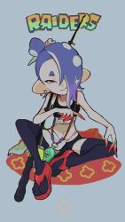 1girl bare_arms bare_shoulders black_bra black_shorts black_thighhighs bra breasts chest_sarashi closed_mouth collarbone colored_extremities earrings fingernails full_body hair_bun hair_over_one_eye imaikuy0 jewelry looking_at_viewer medium_hair midriff navel nintendo octoling official_alternate_costume official_alternate_hairstyle one_eye_covered purple_hair red_eyes red_sandals sandals sarashi sharp_fingernails shiver_(splatoon) shiver_(splatoon_raiders) shorts single_hair_bun sitting small_breasts smile solo splatoon_(series) splatoon_raiders tentacle_hair thighhighs underwear