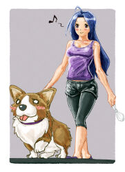 1girl ahoge animal bag black_pants blue_hair blush border breasts closed_mouth dog full_body grey_background highres holding holding_bag humming idolmaster idolmaster_(classic) idolmaster_1 long_hair miura_azusa musical_note ooeyama_ken outside_border pants purple_eyes purple_tank_top smile solo standing tank_top walking white_border