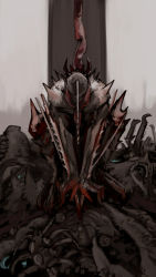 chainsaw chainsaw_devil chainsaw_man death extra_arms grey_background hell_(chainsaw_man) highres horns hybrid intestines monster nakano_(2_mannaka) no_eyes no_humans open_mouth scar sharp_teeth solo spikes teeth