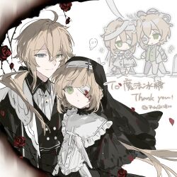 Rule 34 | 1boy, 1girl, absurdres, ahoge, bandage over one eye, bandages, black dress, black veil, blonde hair, blood, chibi, chibi inset, chinese text, cross, dress, english text, eyepatch, flower, green eyes, hair between eyes, heterochromia, highres, long hair, long sleeves, low ponytail, nun, original, ponytail, red flower, red rose, rgb12800, rose, shirt, short hair, thorns, veil, vest, watermark, white background