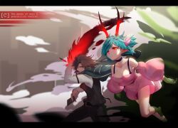 1boy 1girl black_choker black_vest blue_eyes blue_hair bra_strap breasts brown_hair c_(control) card choker cleavage closed_mouth collarbone copyright_name dress dust expressionless eyelashes floating highres holding holding_card horns large_breasts long_sleeves looking_ahead mikuni_souichirou nin_(lion) pink_dress q_(control) red_eyes red_horns short_hair vest